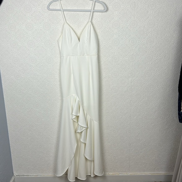 NWT Selfie Leslie White Maxi Mermaid Dress Plunge Slit Ruffles Cocktail Small - Picture 6 of 13